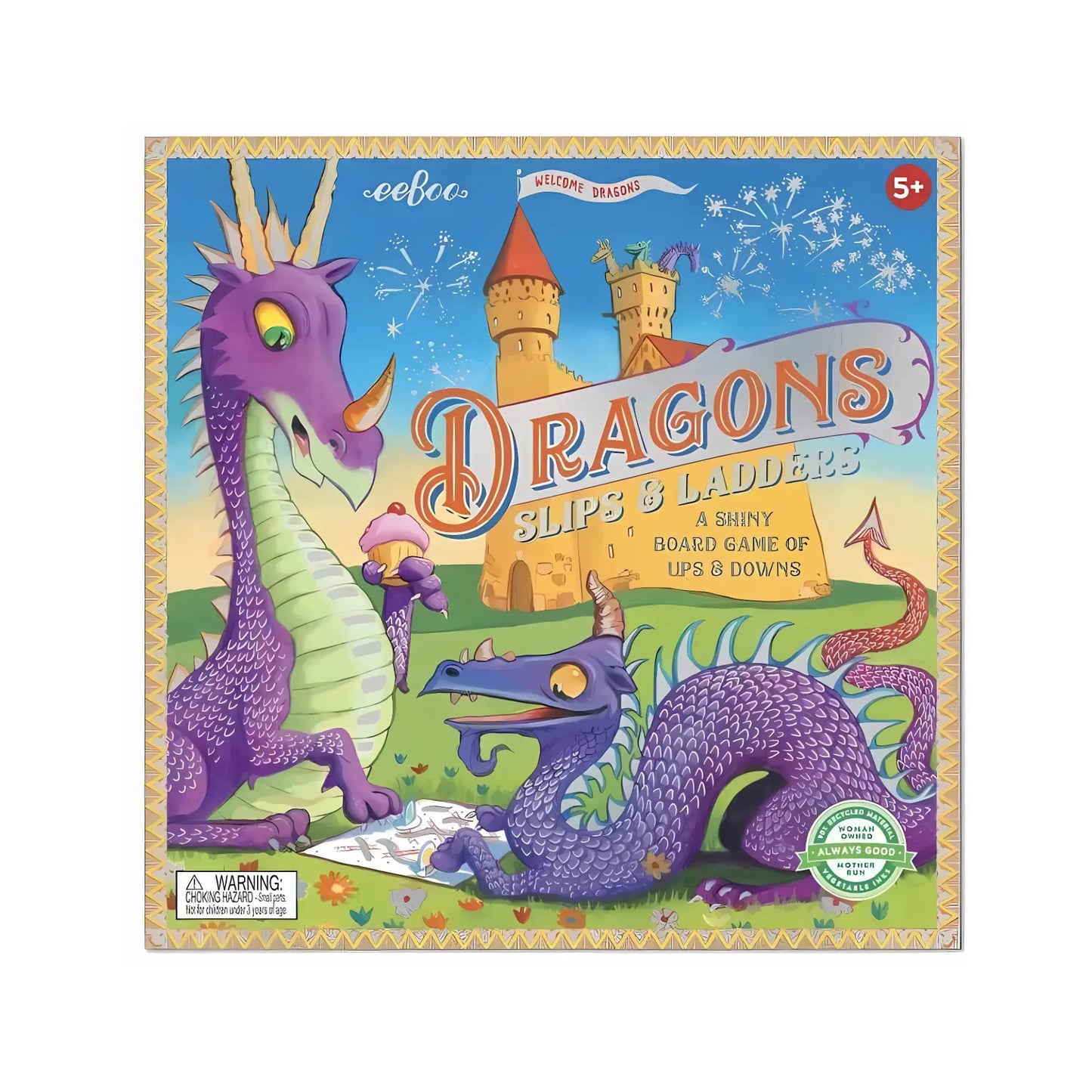 Front cover of the Dragons Slips & Ladders Board Game featuring colorful dragon and castle illustrations.
