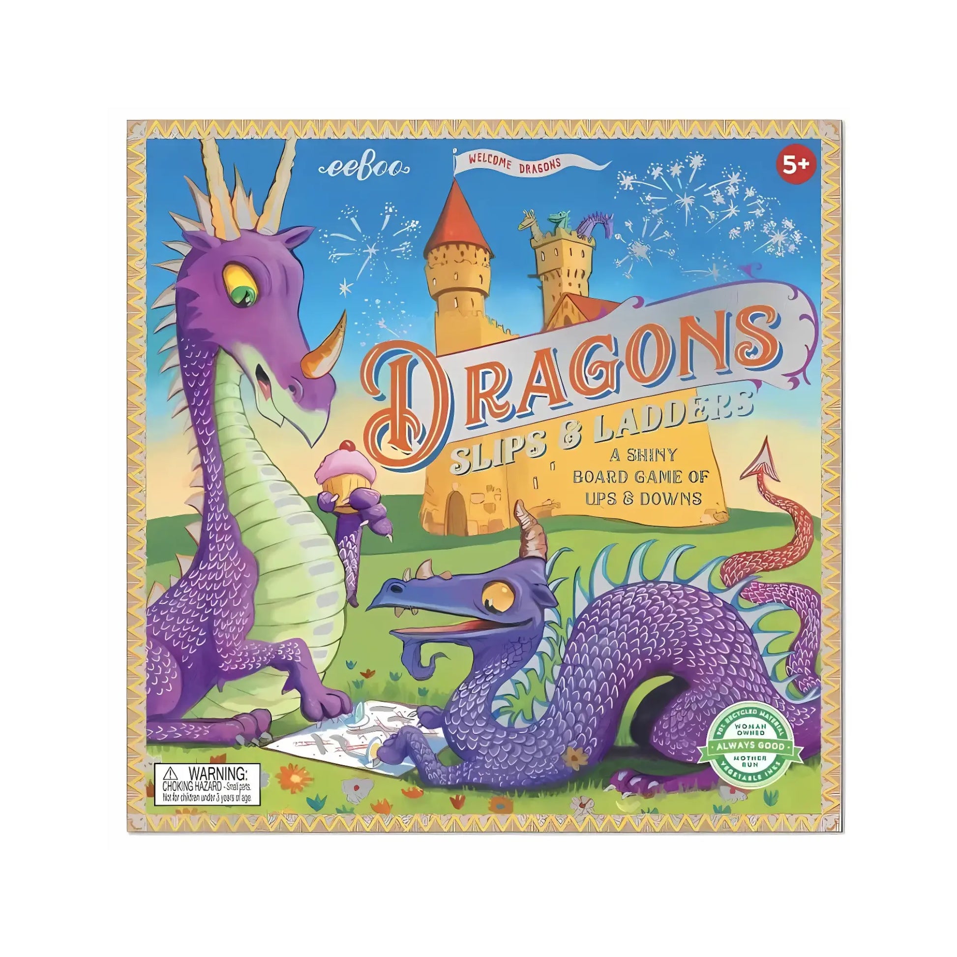 Front cover of the Dragons Slips & Ladders Board Game featuring colorful dragon and castle illustrations.