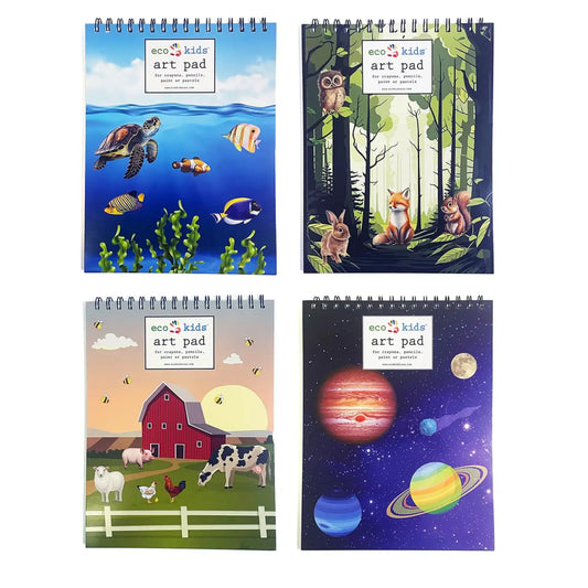 spiral bound drawing pad for kids with multiple cover designs including ocean forest space and farm themes