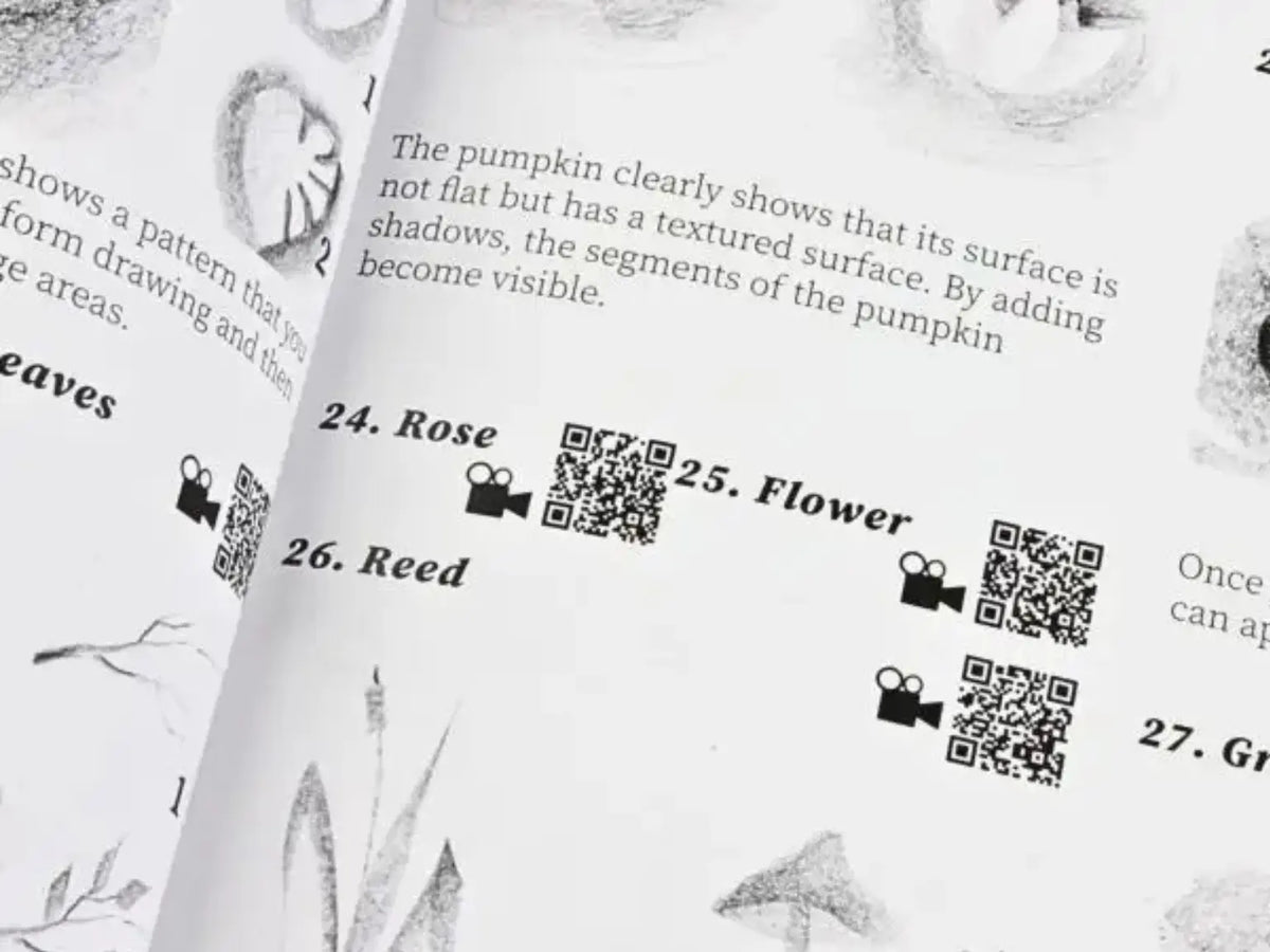Interior pages from Drawing with Stockmar Blocks showing drawing exercises and QR video links