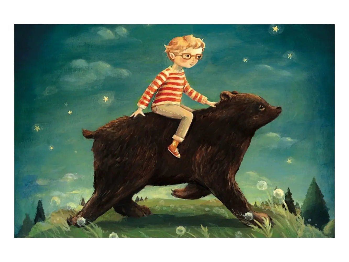 Illustration of a child riding a bear in a starry night sky
