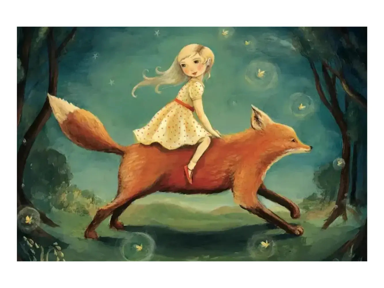 Illustration of a girl riding a fox in a magical forest setting