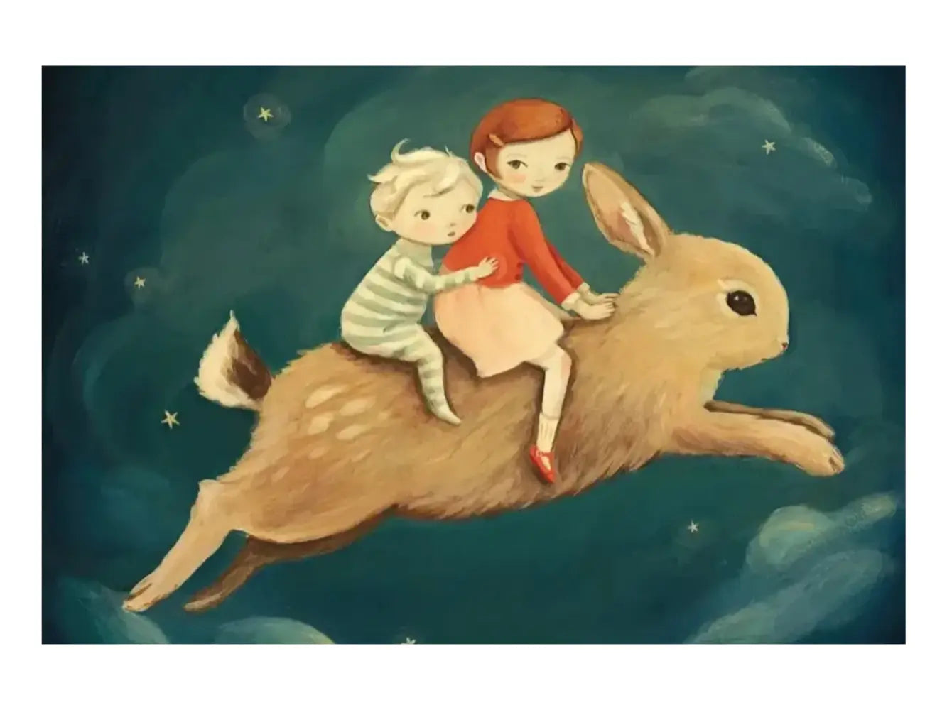 Illustration of two children riding a giant rabbit through the night sky.