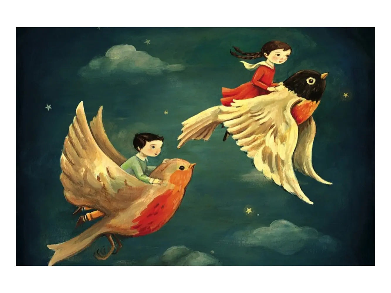 Two children riding on the backs of birds against a night sky with stars.