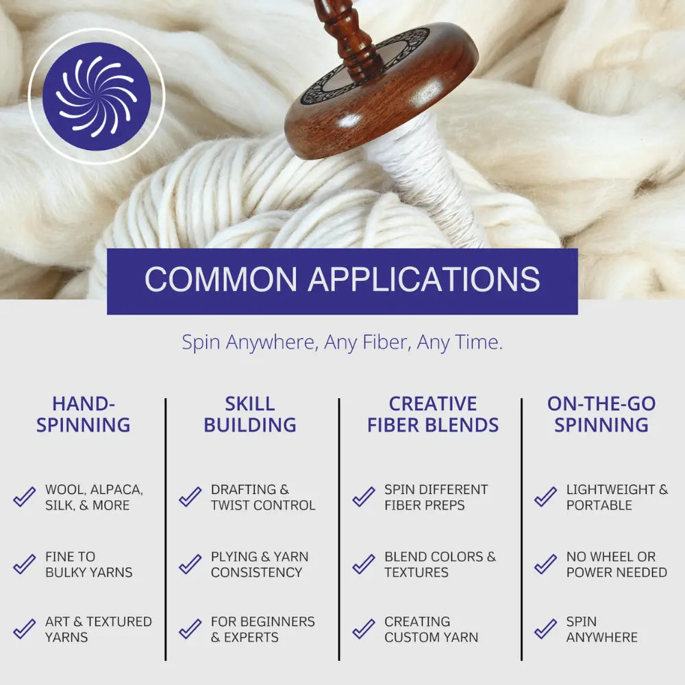 Wooden top whorl drop spindle with white yarn on a white background