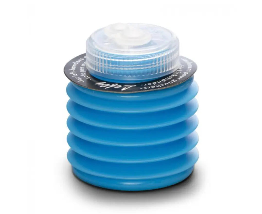 Light blue left handed dual pencil sharpener with clear cap