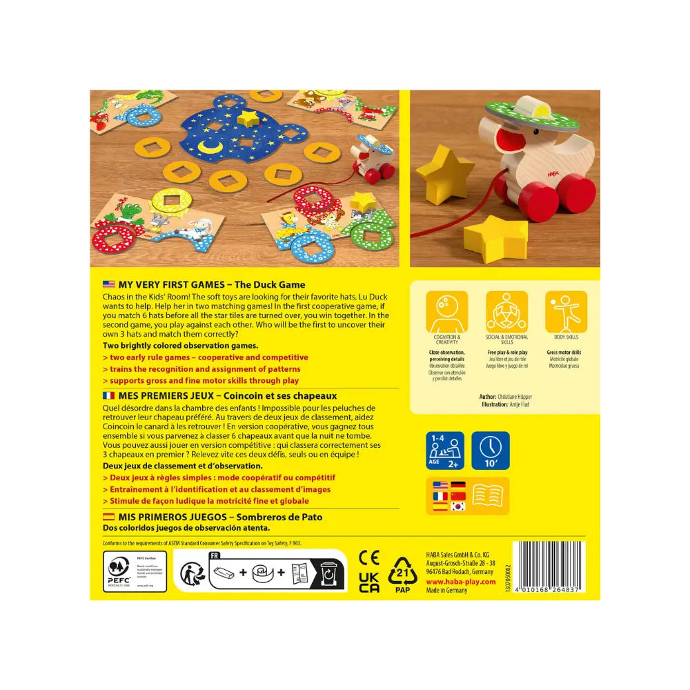 Back of The Duck Game box showing gameplay and included pieces