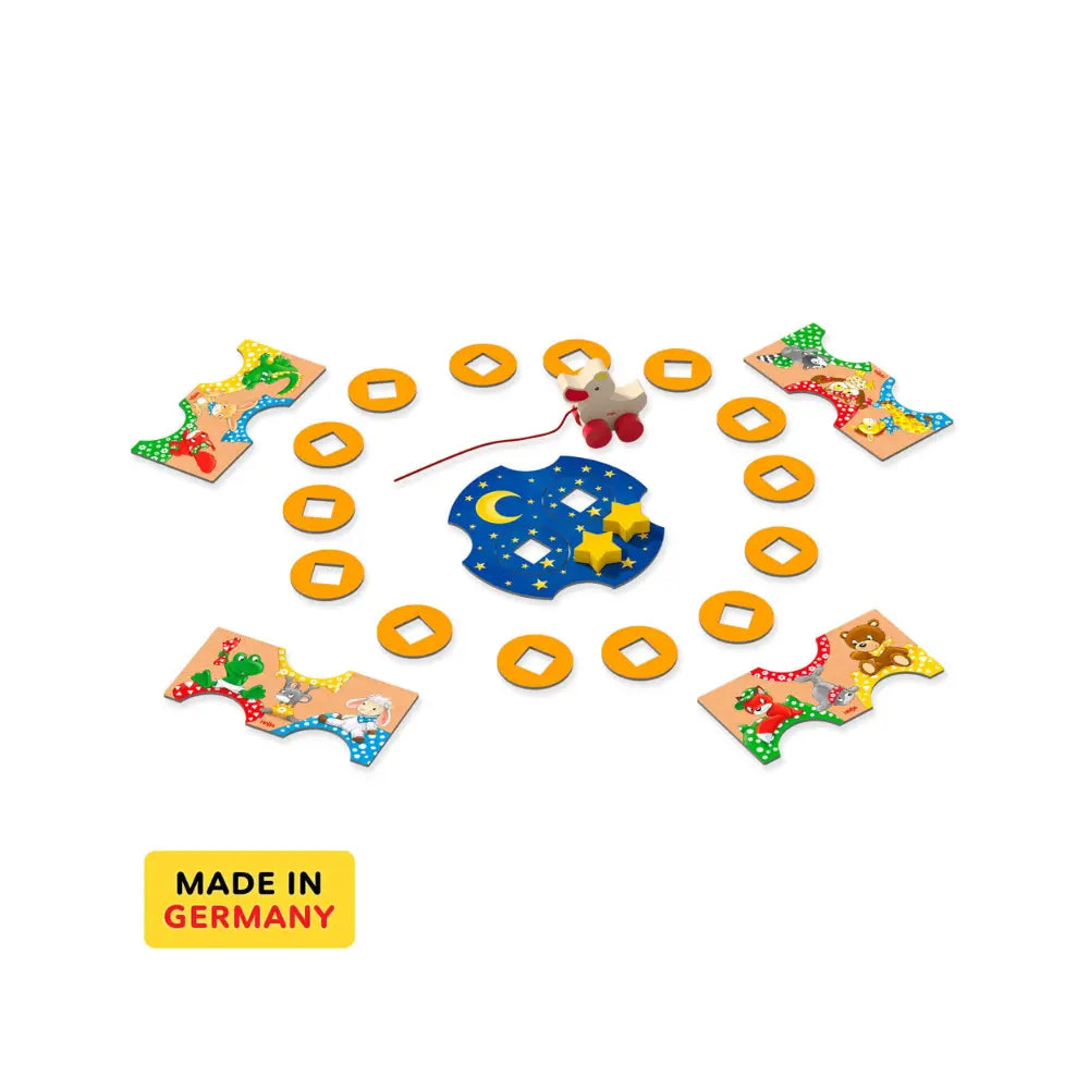The Duck Game set up on table with duck and colorful hat tiles