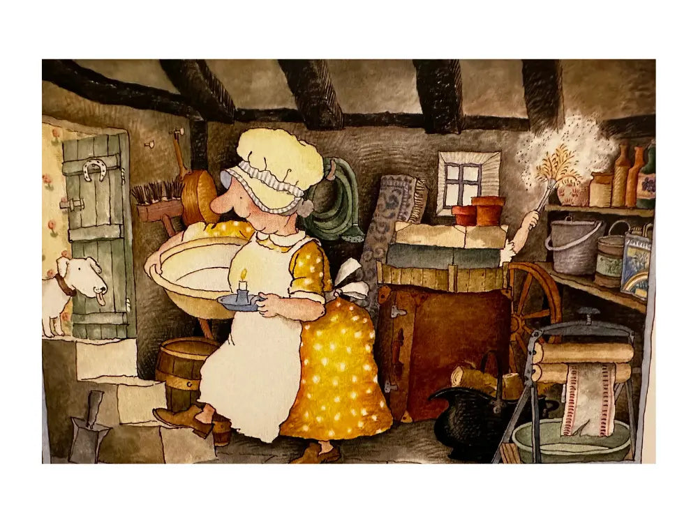 Illustration of Old Mother Hubbard in a kitchen with various household items.