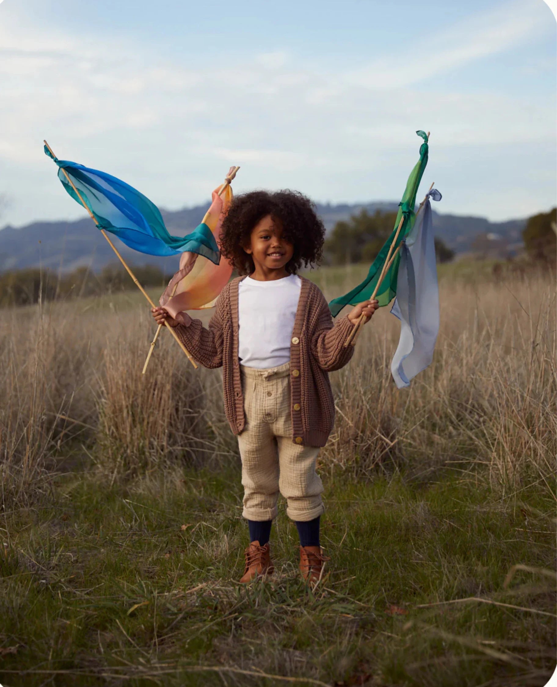 a child holding sticks with all four earth playsilk colors tied on with a field of grass background