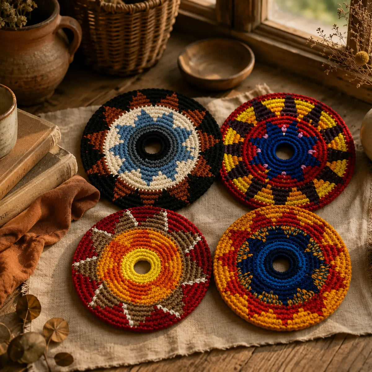 four earth tone maya flya soft fresbees on a table