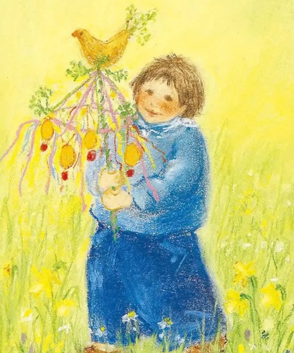 Easter art postcard by Marjan van Zeyl featuring a smiling child in blue holding colorful Easter egg branches topped with a golden bird, surrounded by spring flowers.