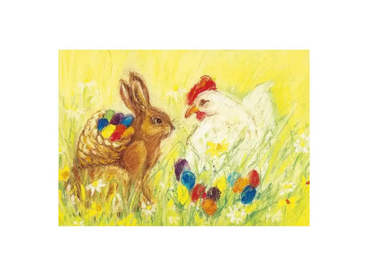 Illustration of a rabbit and a chicken with Easter eggs in a field on a yellow background