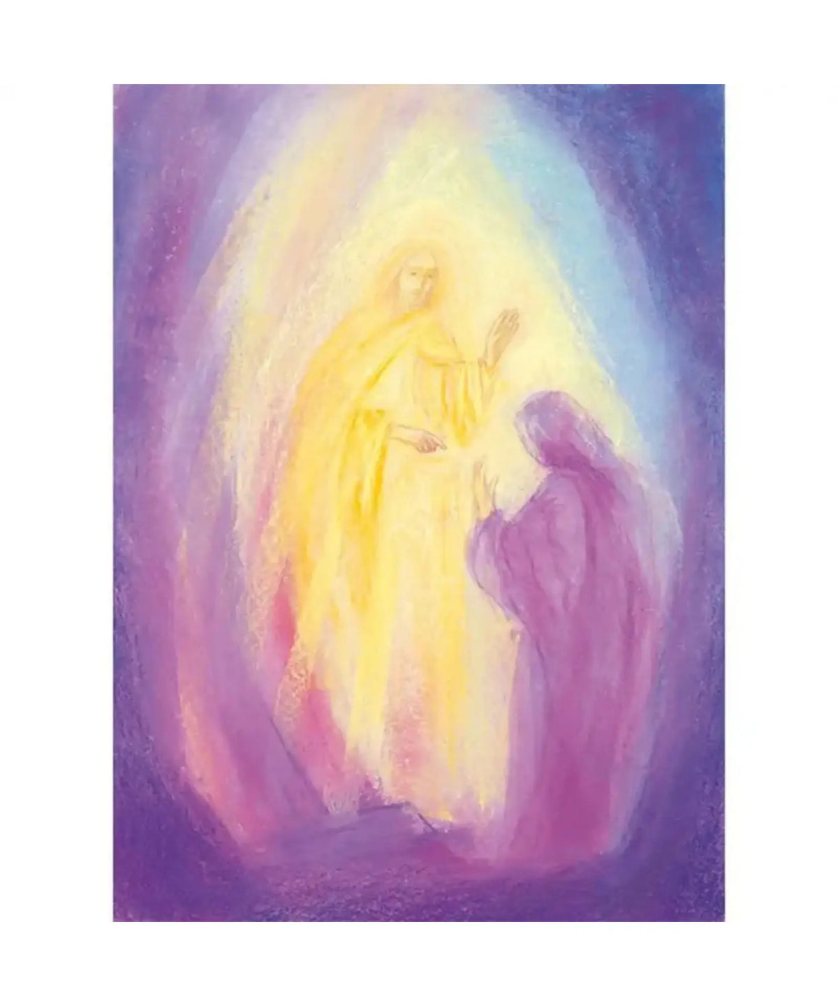Easter Resurrection postcard by Marjan van Zeyl depicting a radiant golden figure with a raised hand facing a violet-cloaked figure, surrounded by soft lavender, rose, and blue light.