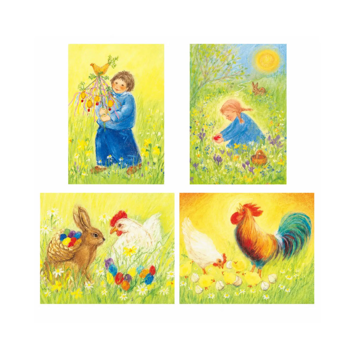 Four Marjan van Zeyl Easter and spring postcards featuring a rabbit with Easter eggs, a child with Easter branches, a child finding a red egg, and a rooster with hen and chicks.