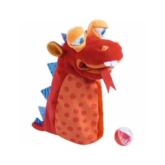 Plush dragon hand puppet with red body and orange polka dots on a white background