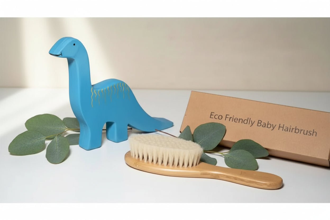 Eco-friendly baby hairbrush with dinosaur-shaped handle on a white surface