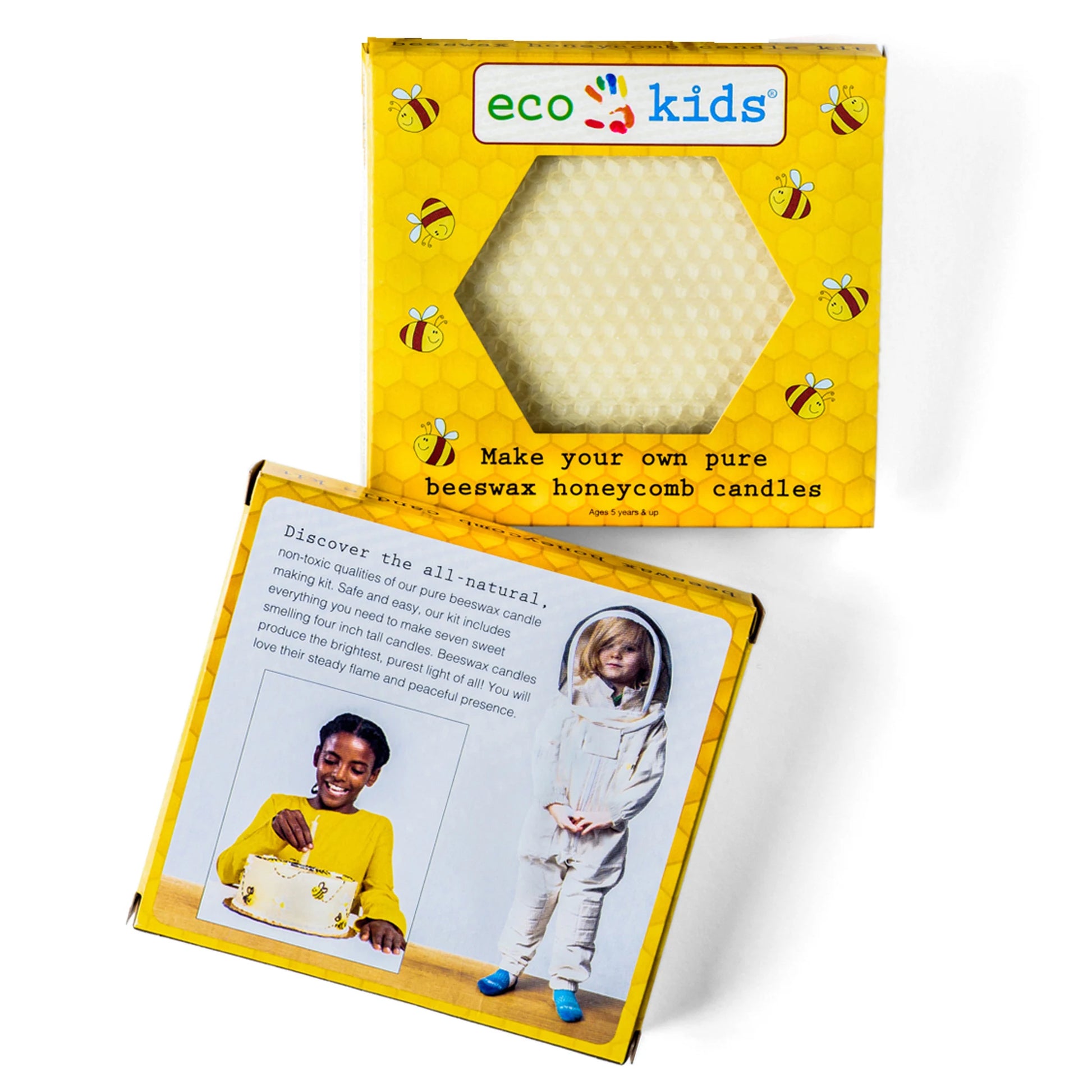 Two boxes for eco-kids beewax honeycomb candles on a white background