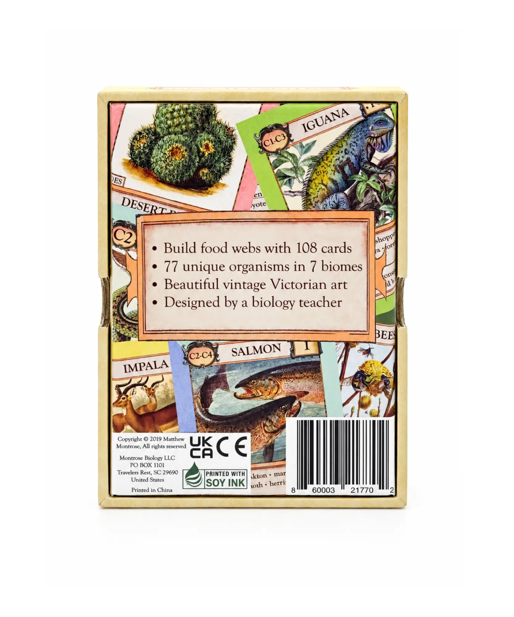 Back of Ecologies Card Game box showing 108 cards, 77 organisms, seven biomes, and product details
