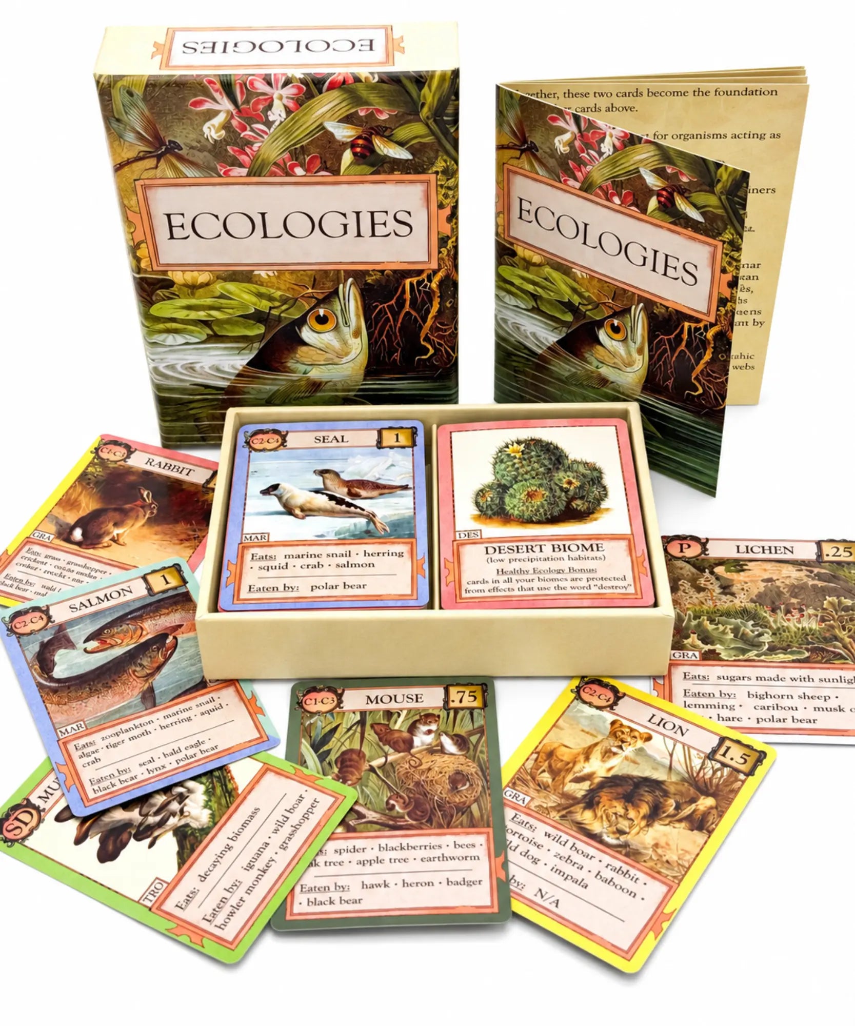 Ecologies Card Game with illustrated box, rulebook, biome cards, and organism cards