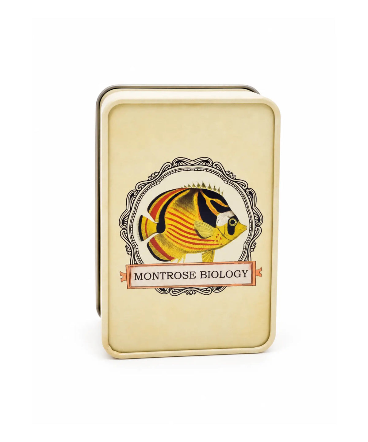Back of Ecologies metal storage tin featuring the Montrose Biology fish logo