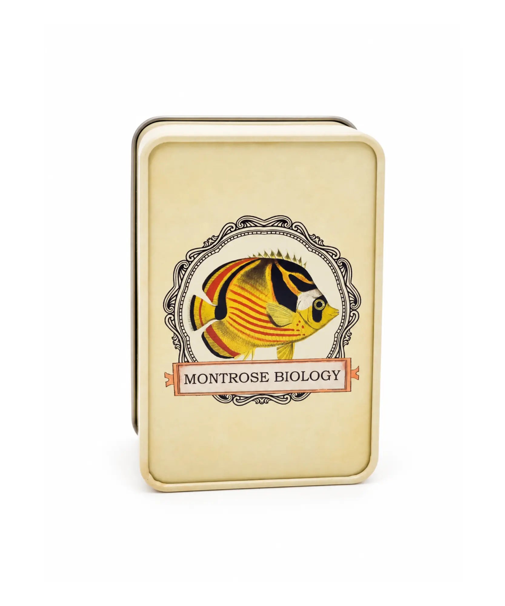 Back of Ecologies metal storage tin featuring the Montrose Biology fish logo