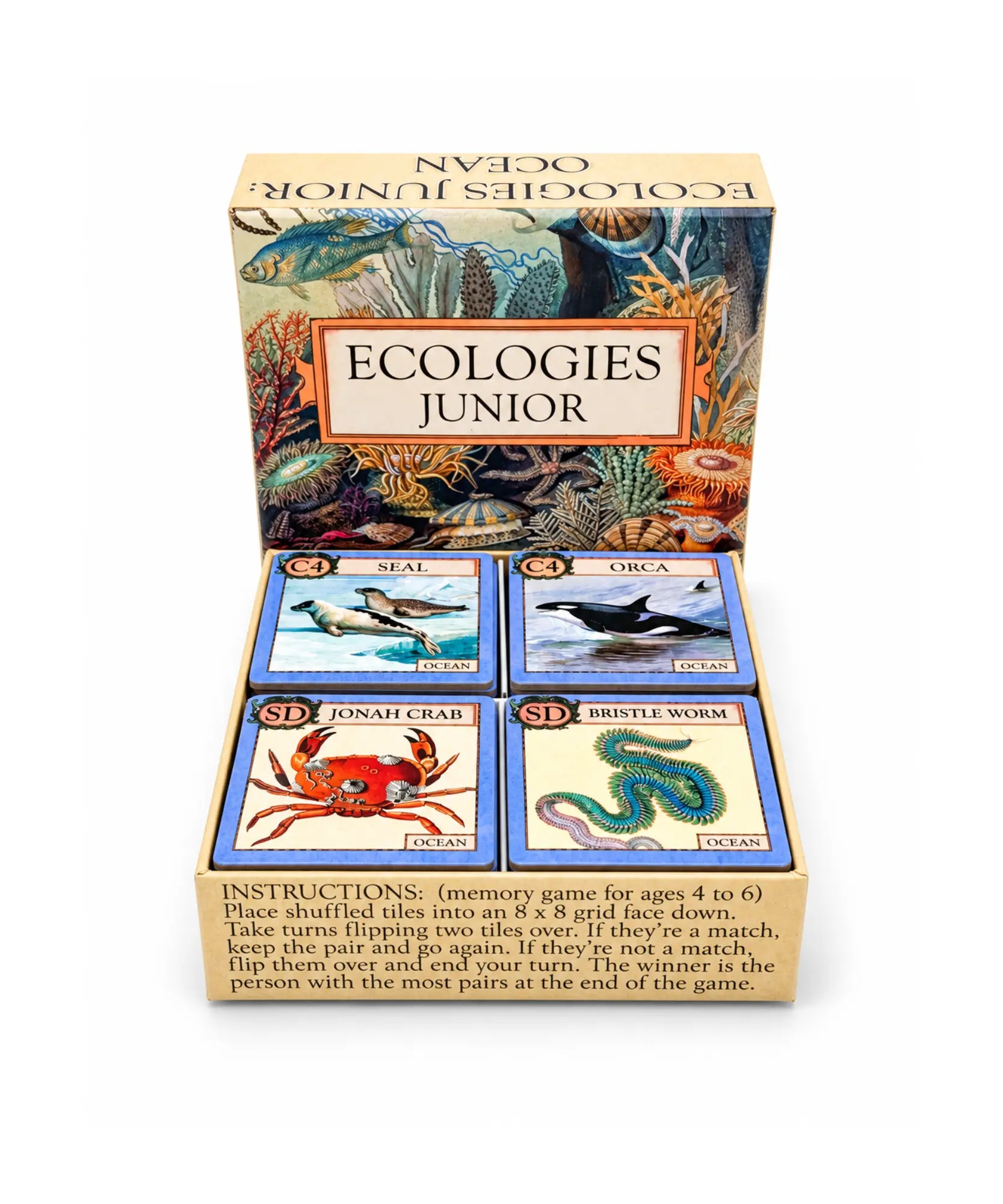 Ecologies Junior: Ocean open box with illustrated ocean tiles visible, including seal, orca, Jonah crab, and bristle worm
