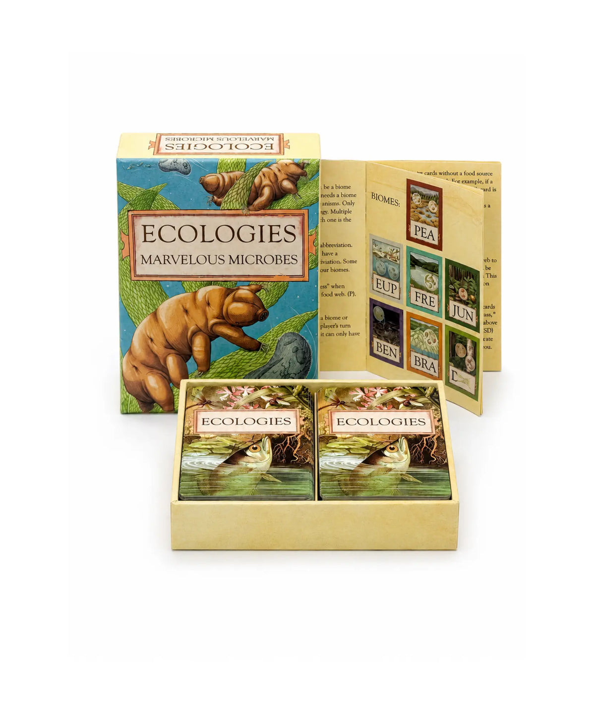 Ecologies Marvelous Microbes card game open with two decks of cards and illustrated rulebook