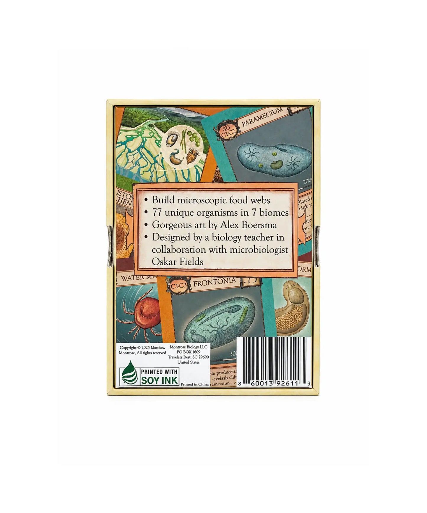 Back of Ecologies Marvelous Microbes game box showing microorganisms and game information