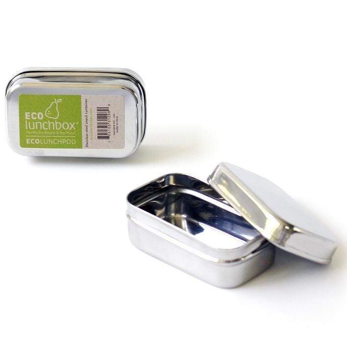ECOlunchbox ECOlunchpod packaging beside the open stainless steel snack container