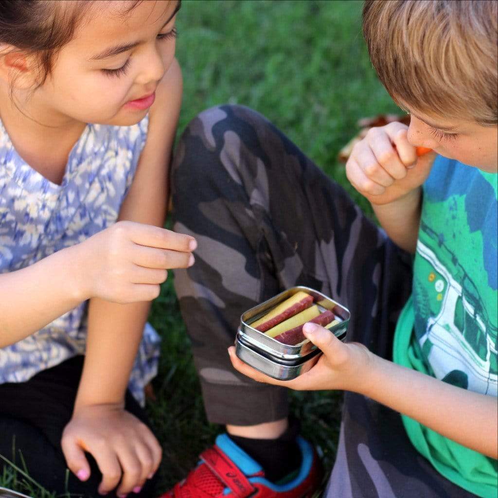 Children sharing snacks from an ECOlunchbox ECOlunchpod stainless steel container outdoors