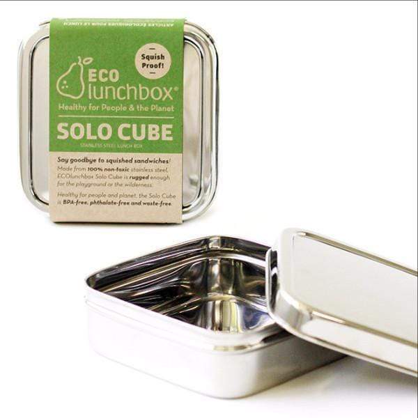 ECOlunchbox Solo Cube packaging beside the open stainless steel lunch container