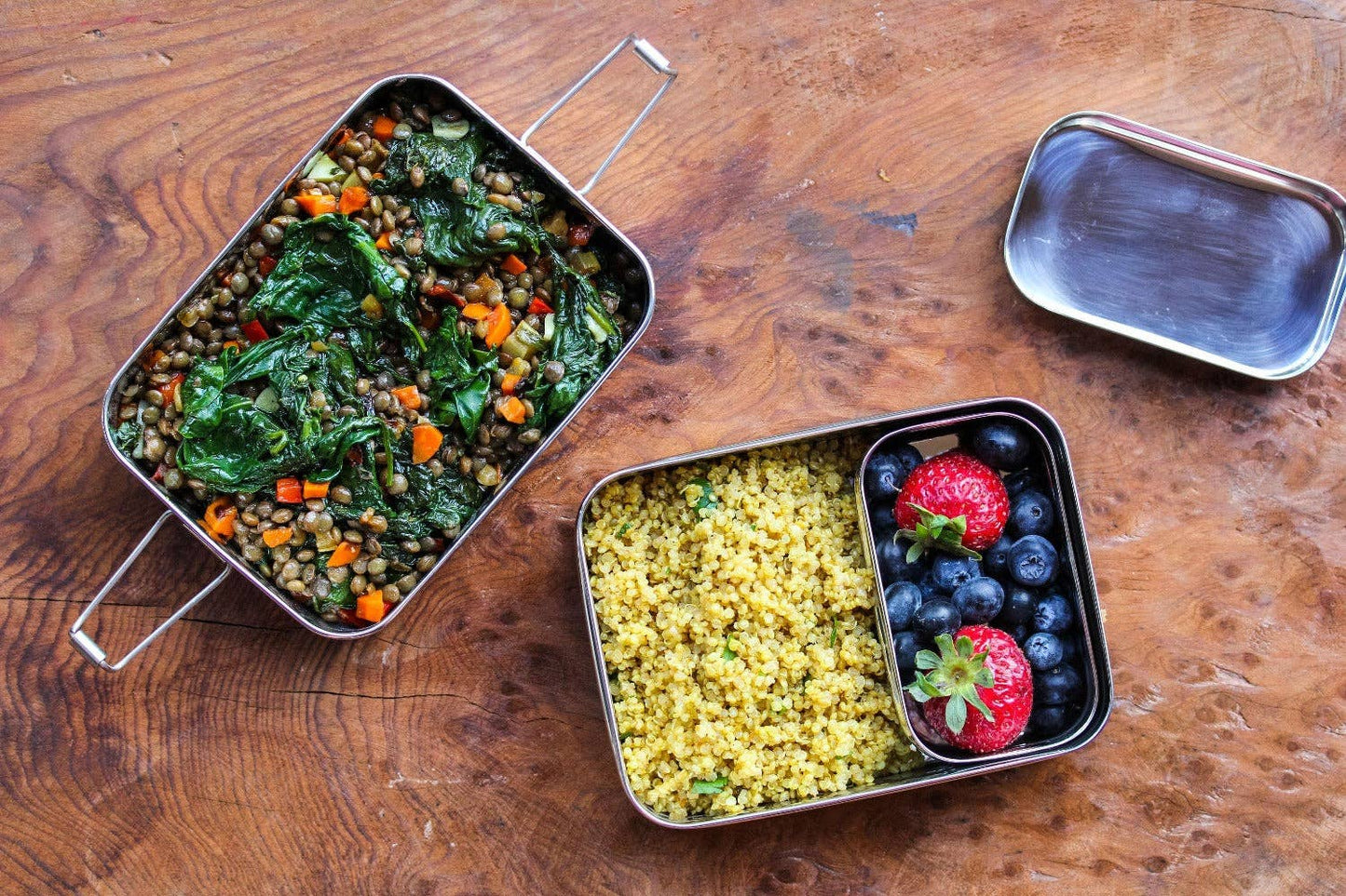 ECOlunchbox stainless steel bento boxes packed with colorful lunch foods
