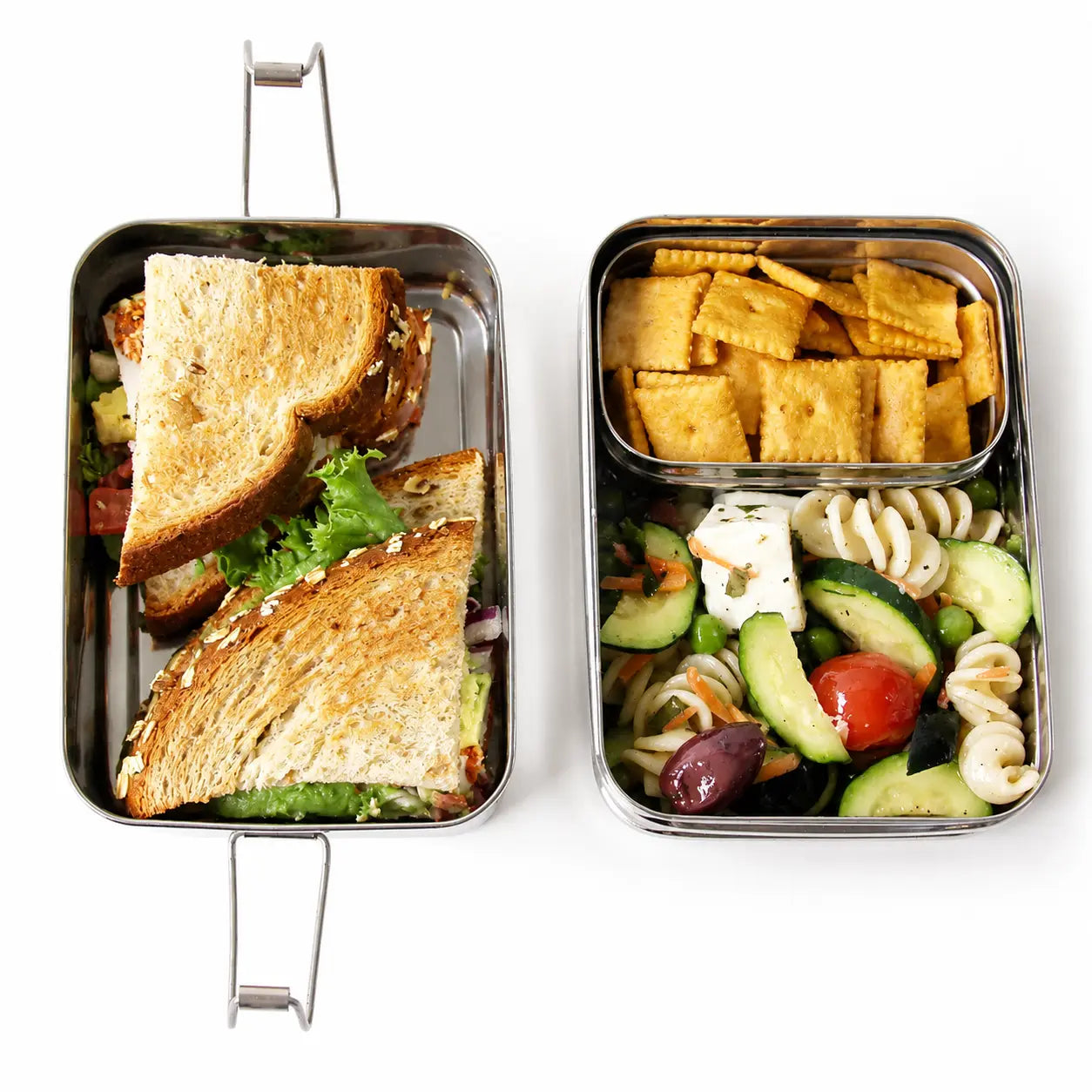 ECOlunchbox Three-in-One Classic packed with sandwiches, vegetables, fruit, and snacks
