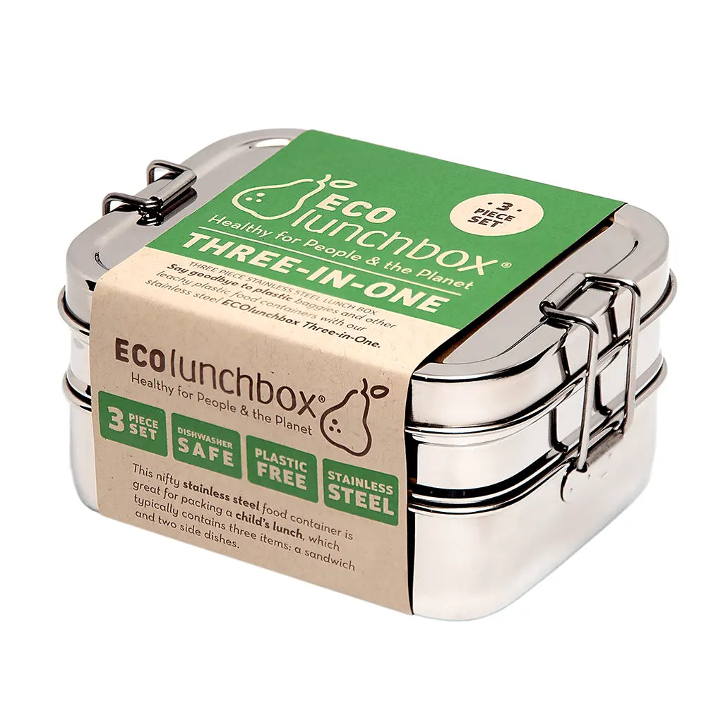 ECOlunchbox Three-in-One Classic stainless steel bento lunch box with packaging