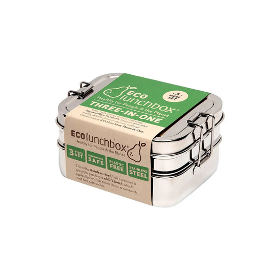 ECOlunchbox Three-in-One Classic stainless steel bento lunch box with packaging