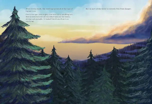 Painting of a forest landscape with trees and a sunset or sunrise sky.