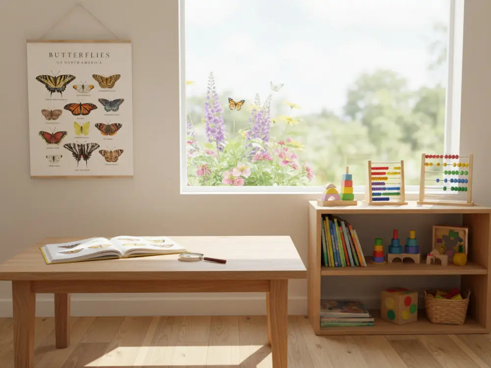Children's playroom with a window view of flowers, educational toys, and a butterfly poster.