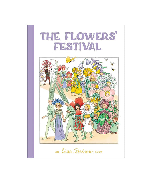 Book cover of 'The Flowers' Festival' with colorful illustrations of people and flowers on a white background.