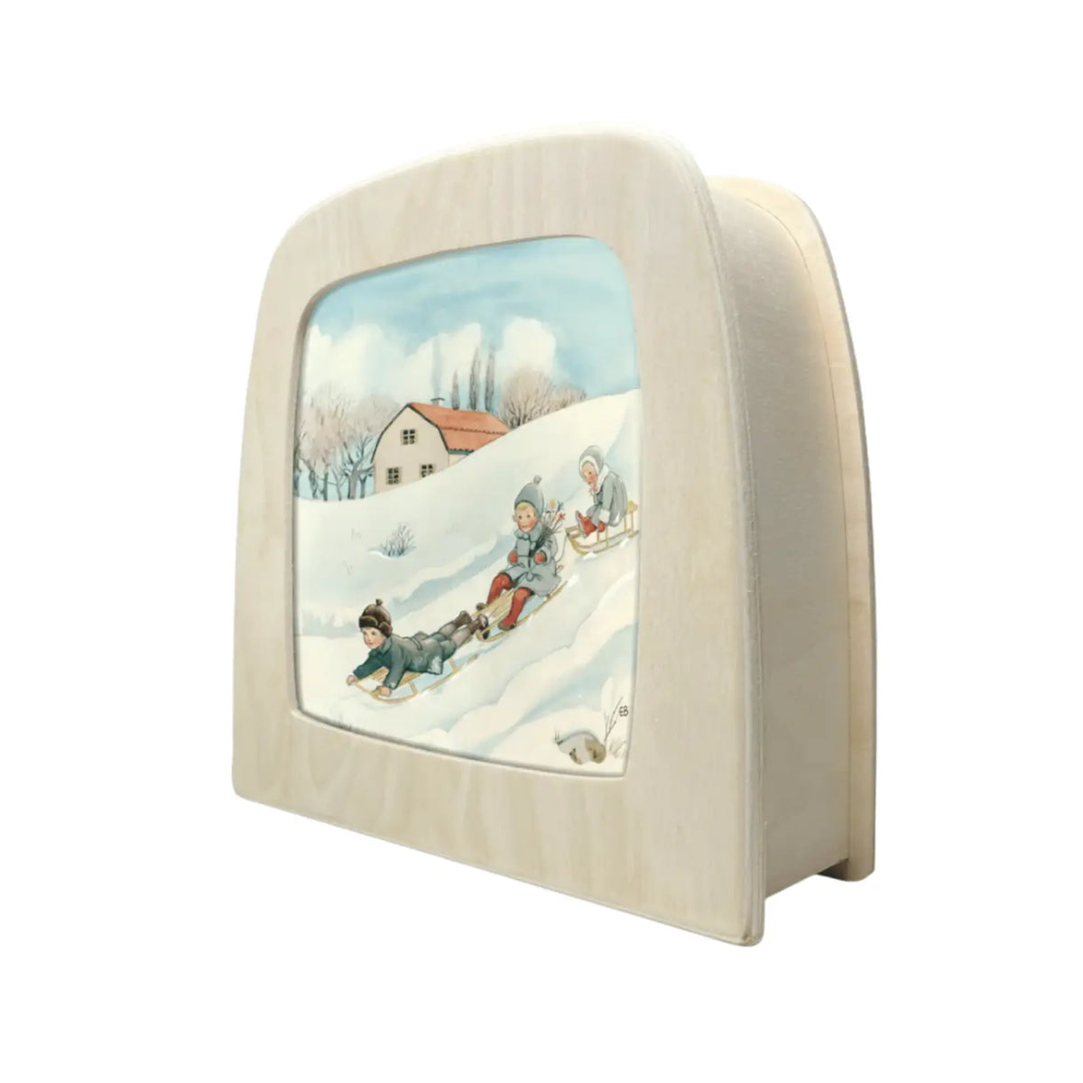 Magic Lamp at an angle by Toverlux with Elsa Beskow February winter snow sledding scene from Around the Year