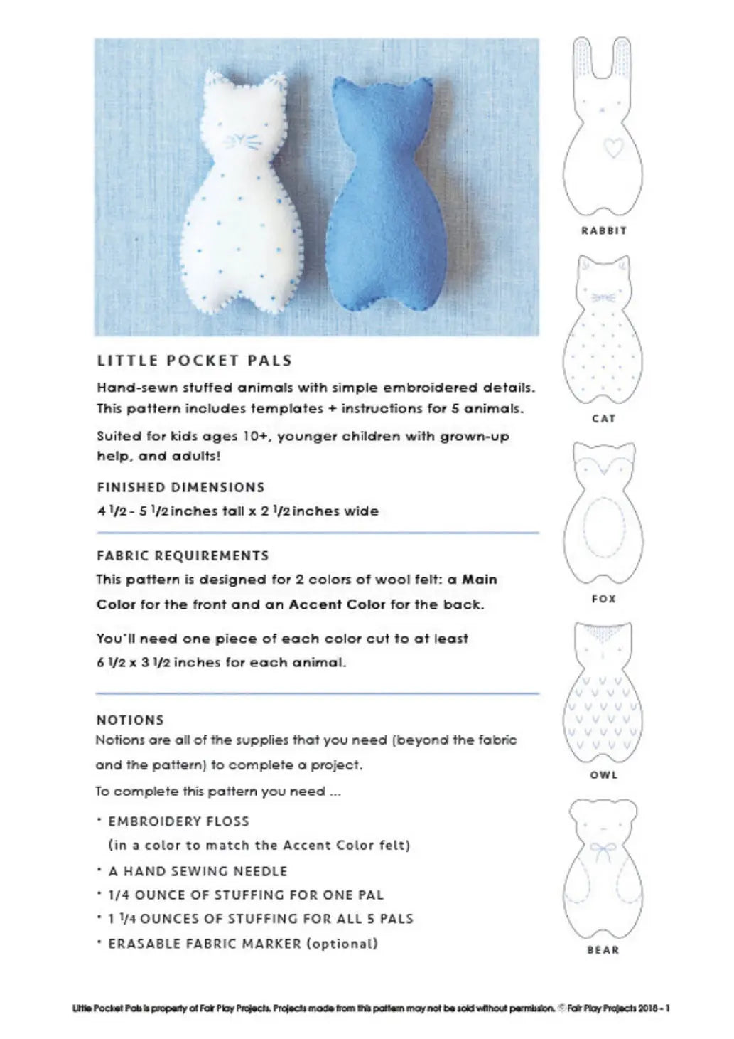 Pattern sheet for Little Pocket Pals hand-sewn stuffed animals with templates and instructions.