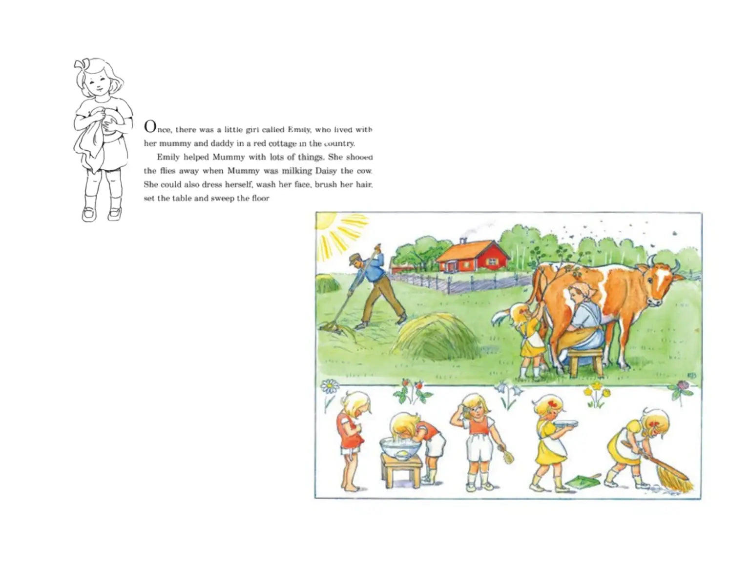 Illustrated book page with a cow and children on a farm, accompanied by text.