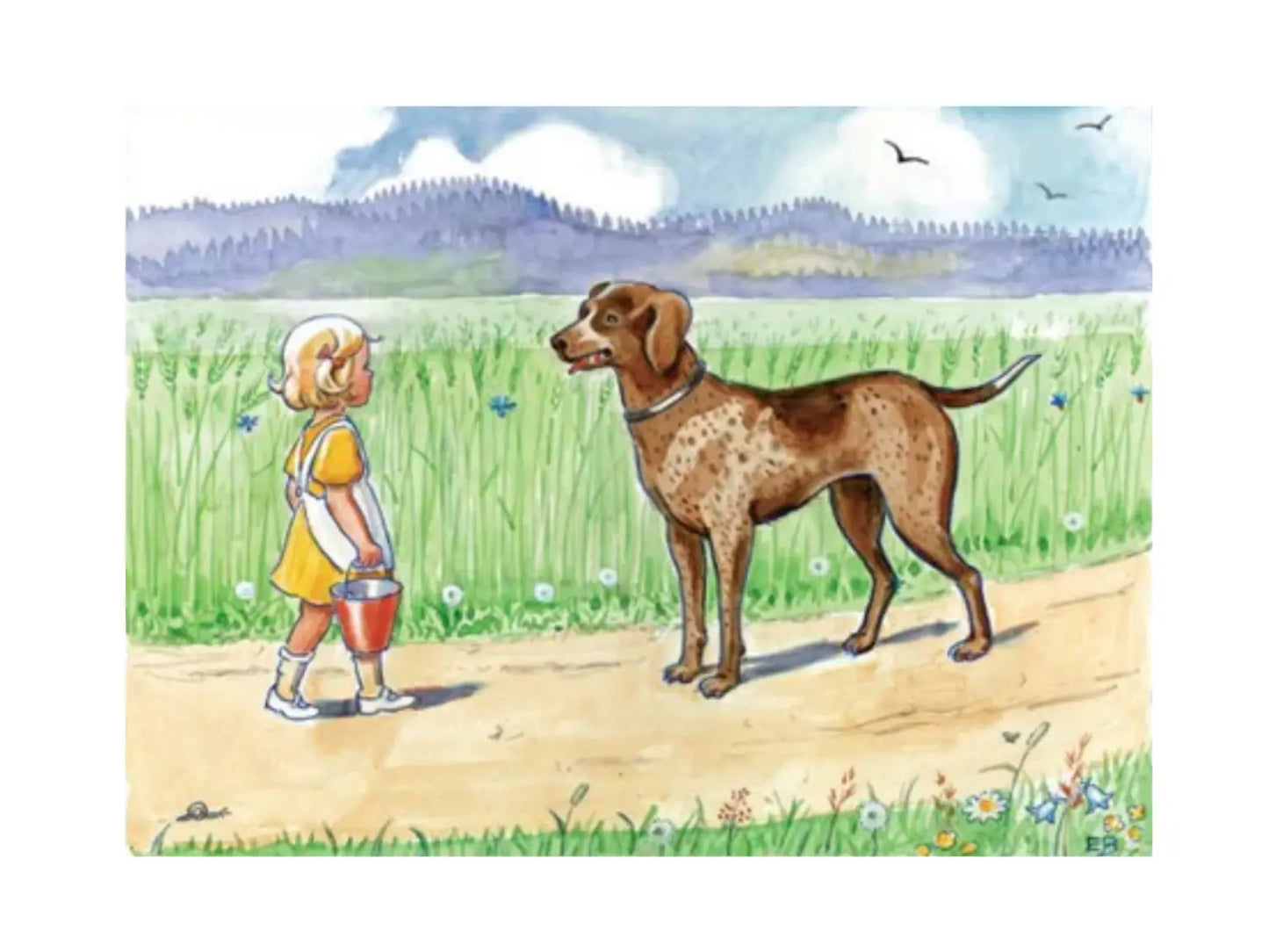 Illustration of a girl Emily with a dog in a field from the picture book Emily and Daisy