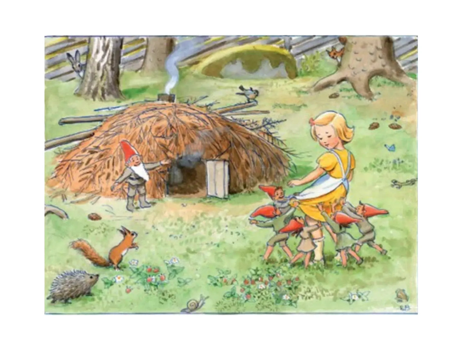 Illustration of a girl with gnomes near a wooden hut in a forest setting.