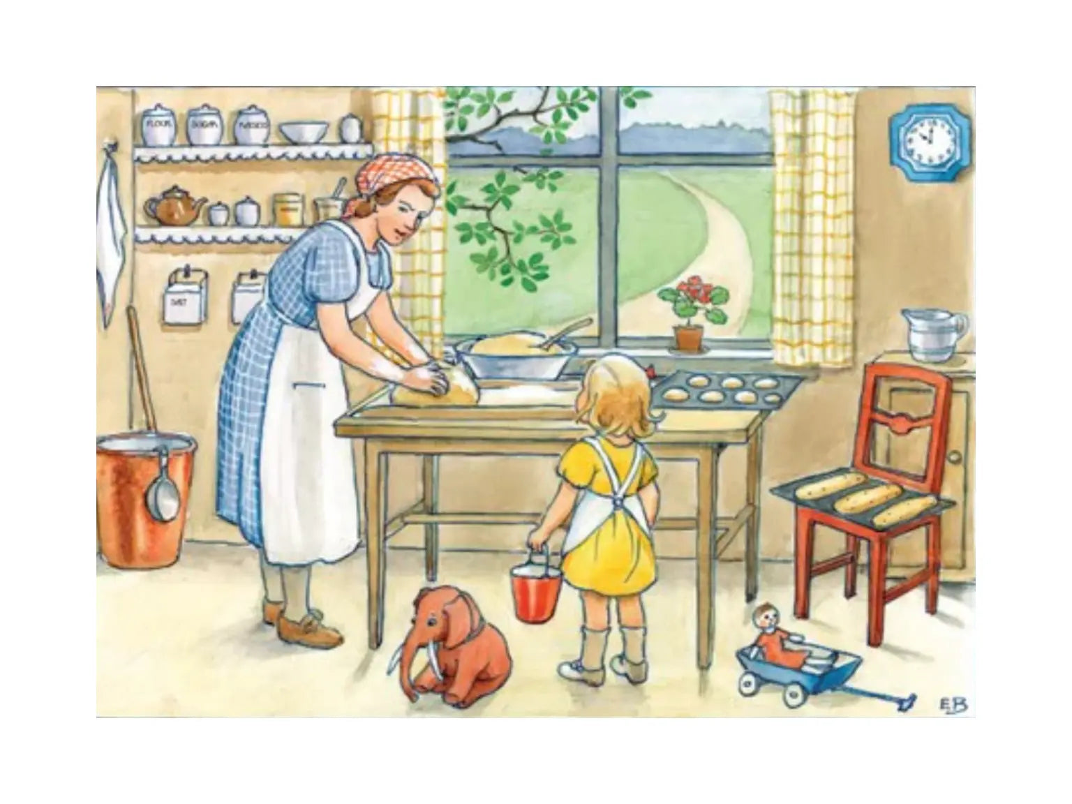 Illustration of a woman and child in a kitchen with various kitchen items and toys.