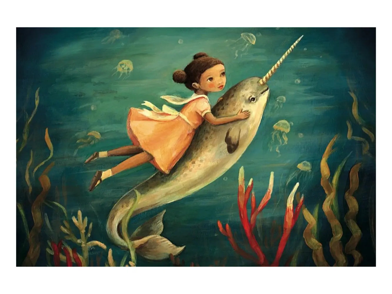 Illustration of a girl riding a unicorn fish in an underwater scene with jellyfish and seaweed.