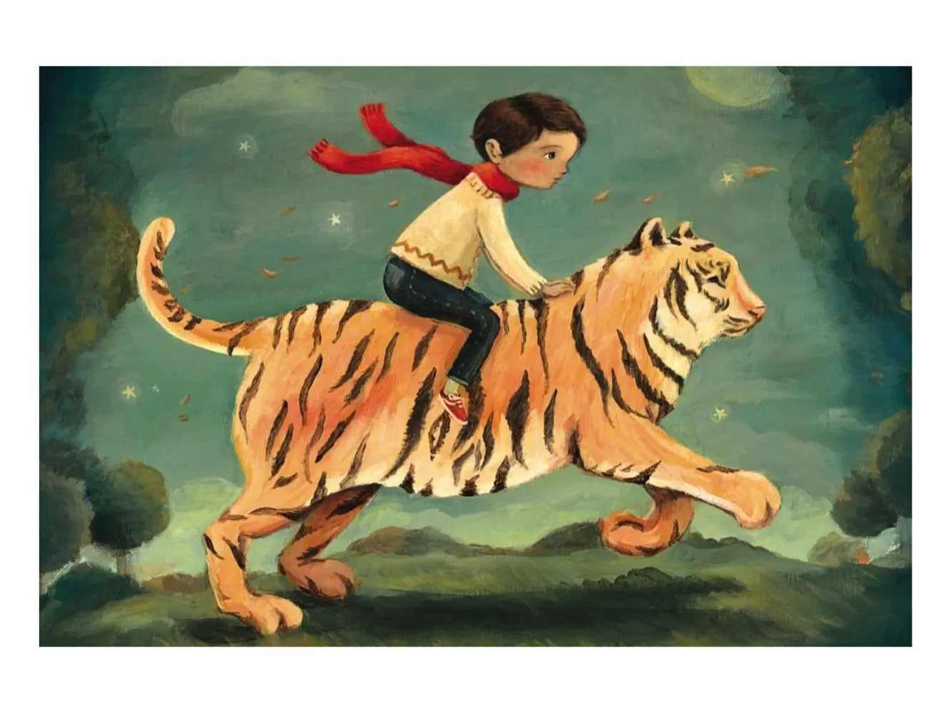 Illustration of a child riding a tiger in a fantasy landscape