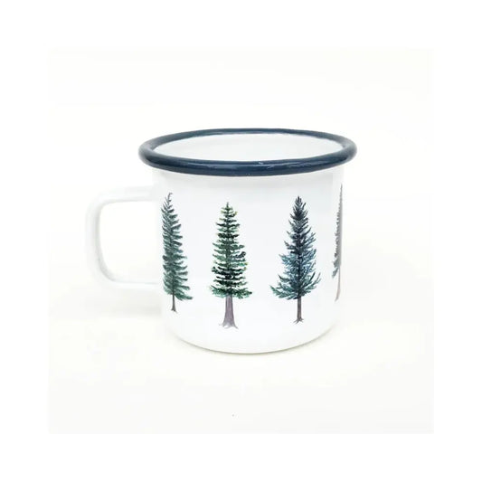White mug with blue rim featuring illustrations of trees on a white background