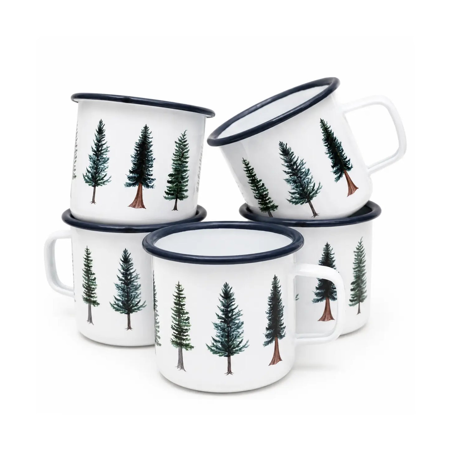 Set of five enamel camp mugs with evergreen tree design on a white background