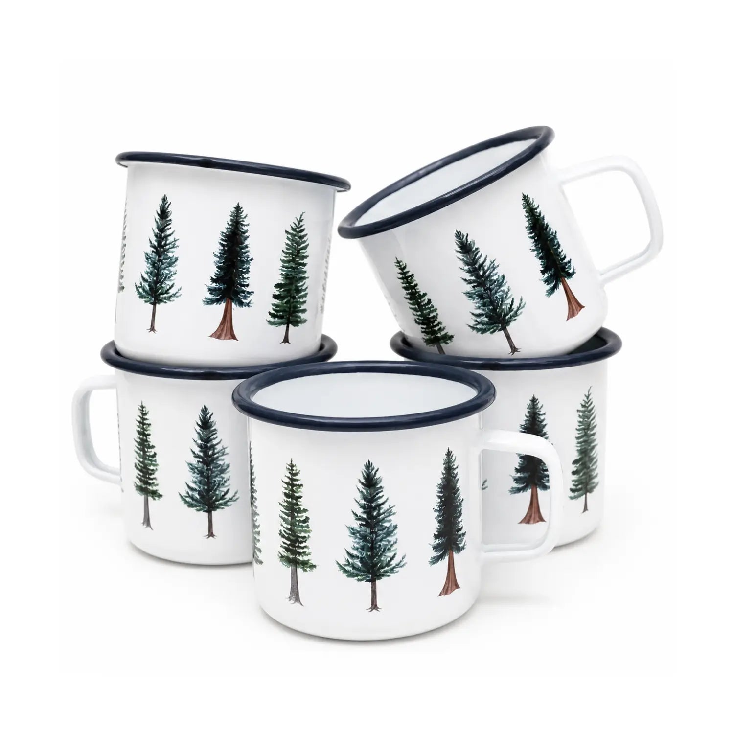 Set of five enamel camp mugs with evergreen tree design on a white background